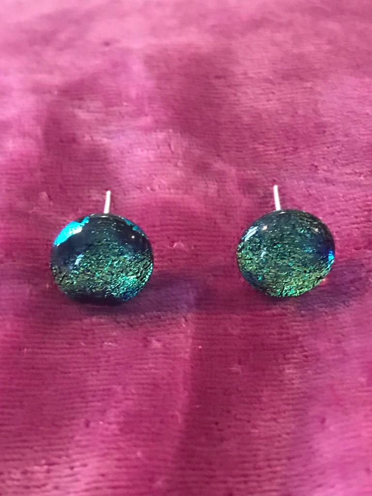 Blue-green shimmer glass dichro stud earrings