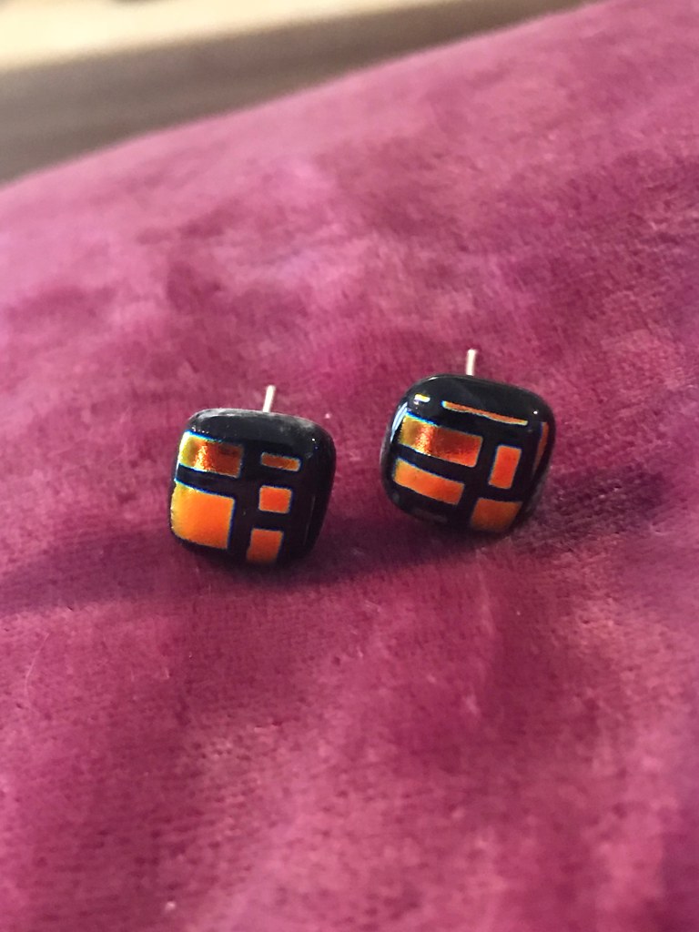 Copper and black Mondrian style handmade glass stud earrings